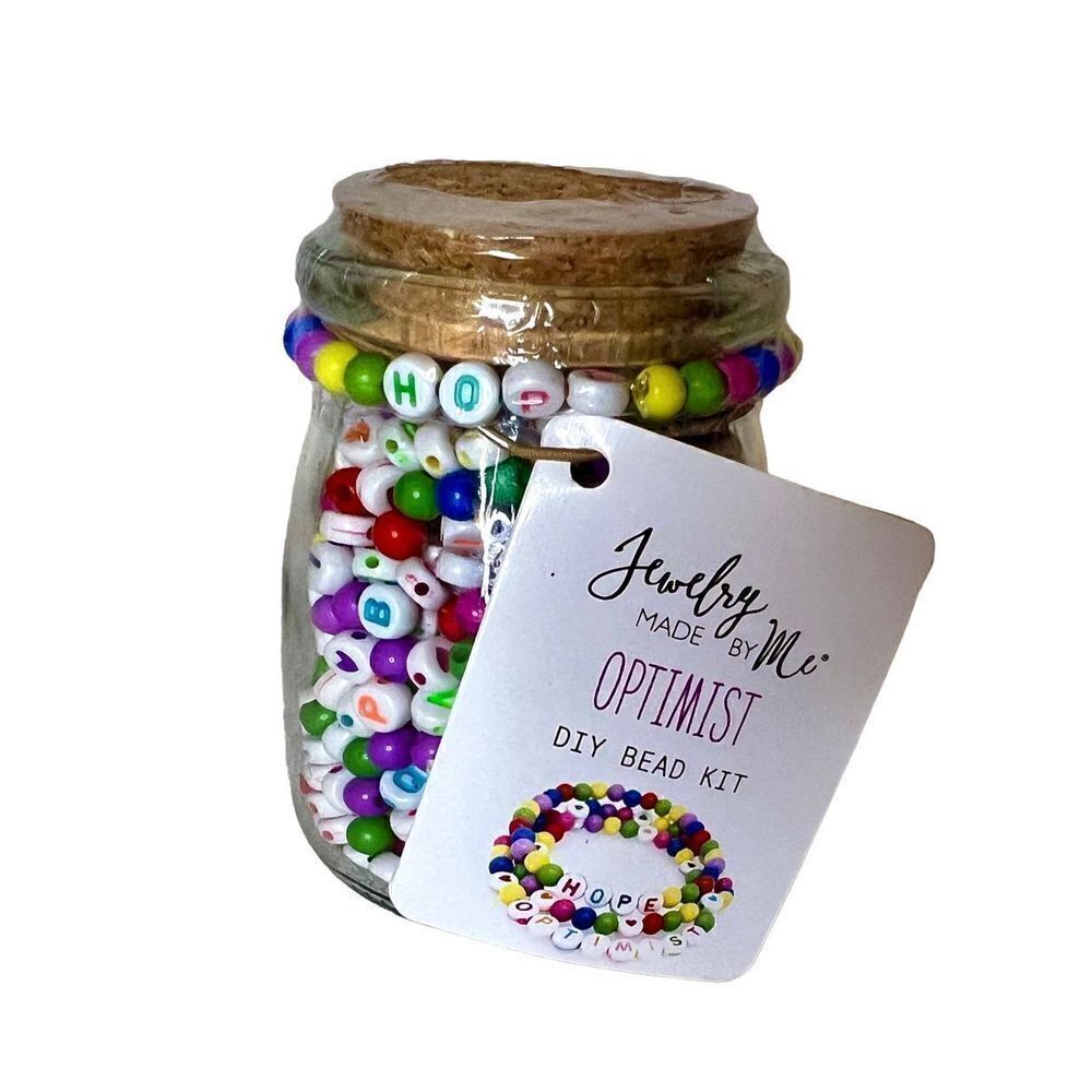 NWT Jewelry Made By Me DIY Bead Kit Jar "Optimist” White Colorful Alphabet NWT
